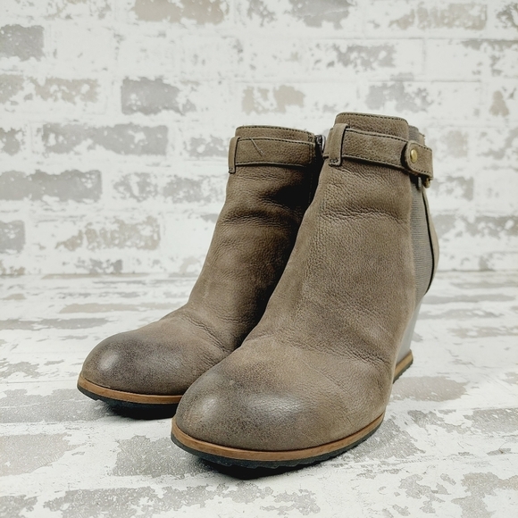 Susina Brown Leather Side Zipper Wedge Ankle Boots V680 - Picture 2 of 13